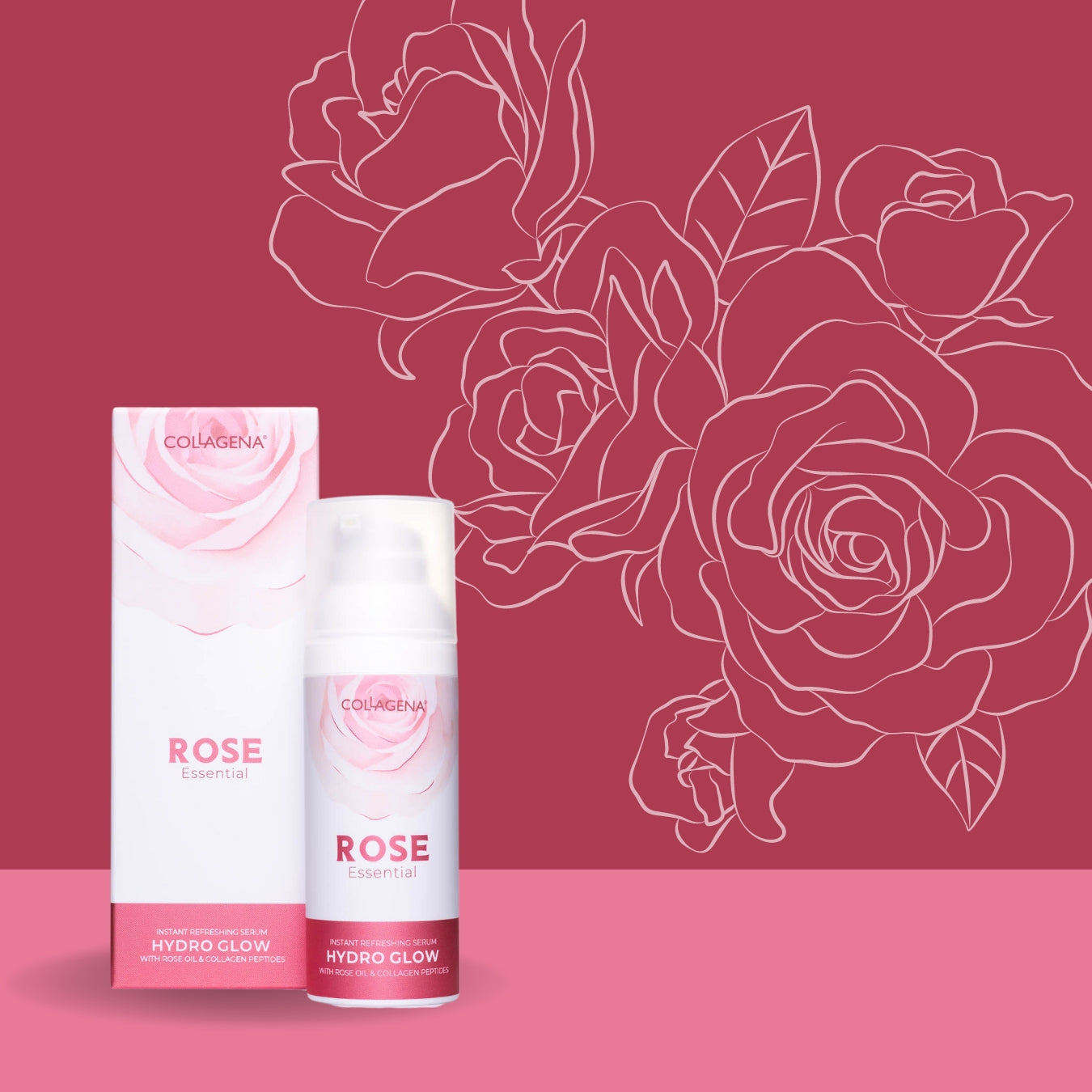 Ser cu efect revigorant instantaneu HYDRO GLOW cu ulei de trandafir și peptide de colagen, COLLAGENA Rose Essential, 50 ml